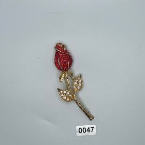 Gold Tone Red Rhinestone Rose Flower‎ Brooch Pin